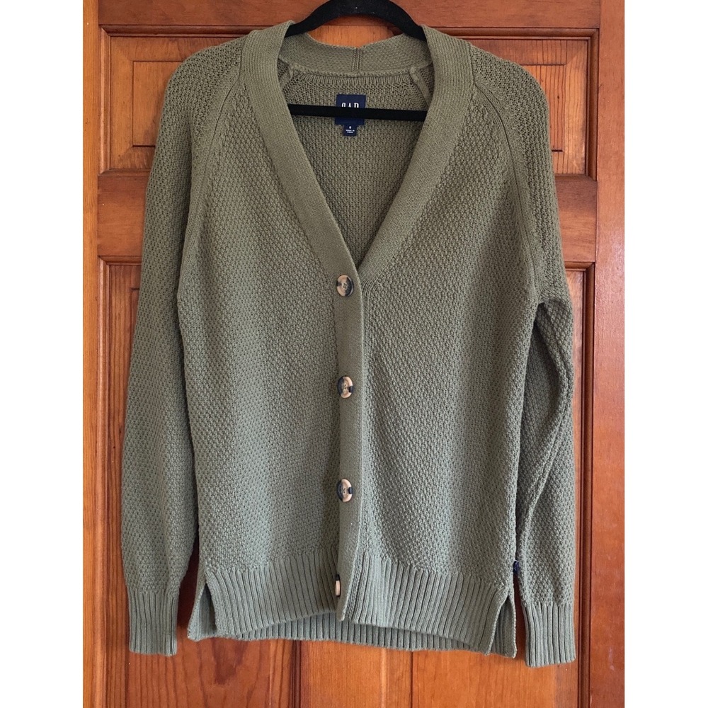 Gap Womens S Olive Green Cotton Textured Button Front V-Neck Cardigan Granola